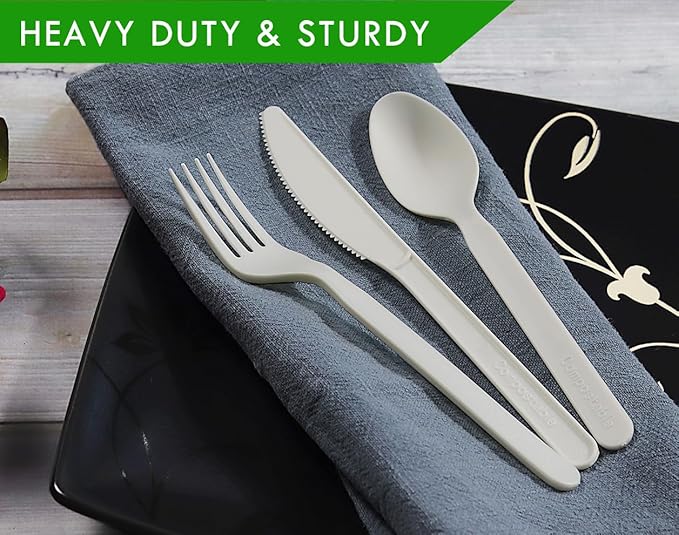 GreenWorks 150 Count 7" Heavy-duty Compostable Utensils,50 Forks 50 Spoons 50 Knives Cutlery Set,BPI Certified Large Disposable Flatware Set