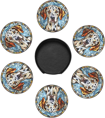 Drink Coaster Set of 6, Dalmatian Dog Mom Lover Gift,Leather Drink Coasters with Holder,6 Pack Cup/Bar/Drink Coasters for Table/Drinks/Coffee Protection Housewarming Gift
