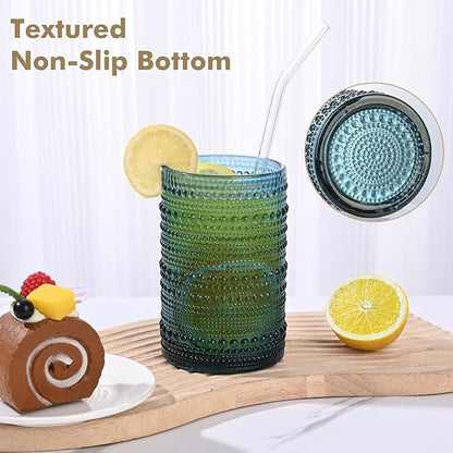 Vintage Hobnail Drinking Glasses Set of 8,Blue 12 oz & 15oz Highball Glass Cups,Kitchen Drinkware Glassware,Embossed Water Tumbler,for Beer,Cocktail,Whiskey,Juice and Various Mixed Drinks