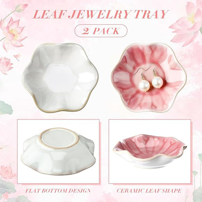 meekoo 2 Pcs Trinket Dishes for Jewelry Lotus Leaf Shape Ceramic Ring Holder Jewelry Tray Bowl Woman Gift for Mom Sister(Pink and White)