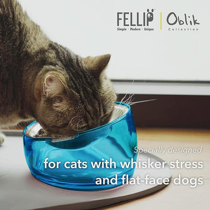 Felli Pet Oblik Whisker Fatigue Cat Food Bowl Raised Stainless Steel Shallow Dish, Pet Design Anti Vomit Tilted Metal Plate Feeder Elevated Acrylic Base(Sapphire, 0.5 Cups Shallow Dish)
