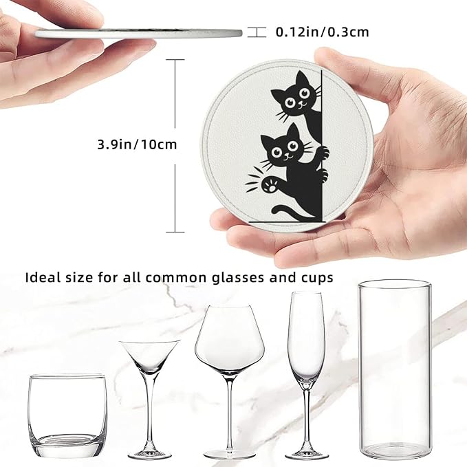 Cute Cats Coasters for Drinks Set of 6, Round Leather Coaster - Image 4