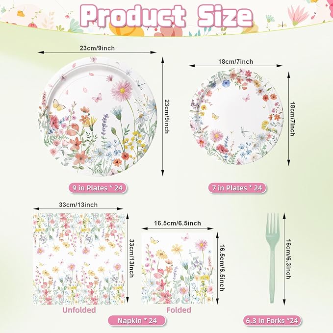 96 Pieces Spring Wildflower Floral Tableware Set – Garden Flower Disposable - Image 2