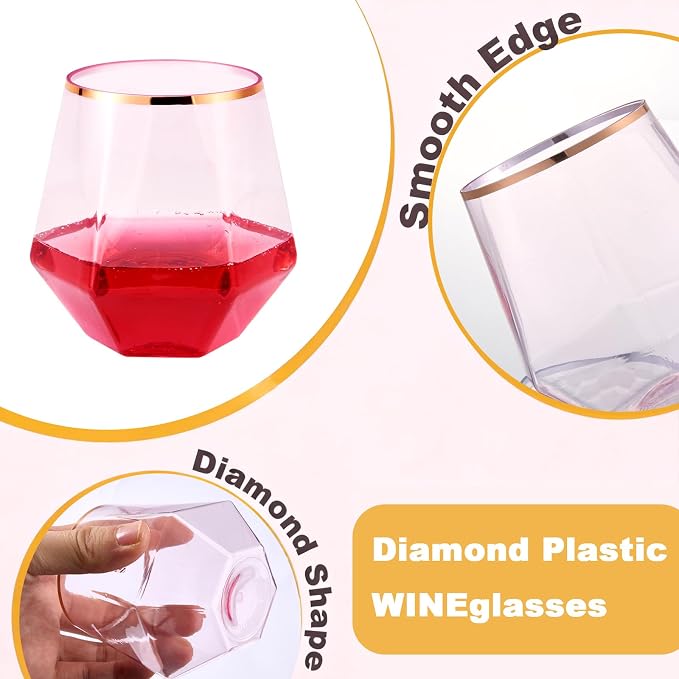 Goodluck 40PCS 12oz Diamond Plastic Pink Wine Whiskey Glasses Rose Gold Rim | - Image 4