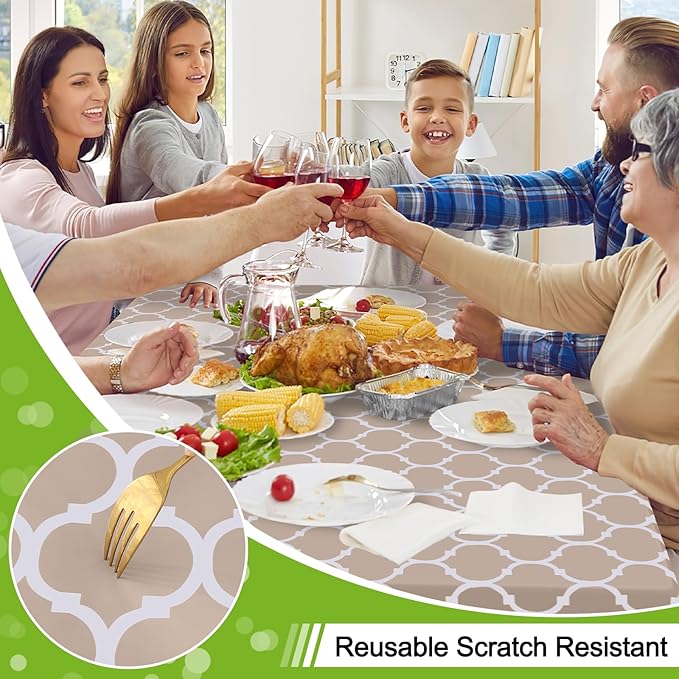Smiry Rectangle Table Cloth, Waterproof Vinyl Tablecloths with Flannel Backing for Rectangle Tables, Wipeable Spillproof Plastic Tablecloth for Dining, Camping, Indoor and Outdoor (60"x84", Khaki)