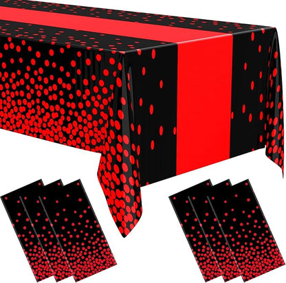 Oudain 6 Pcs Black and Red Tablecloth for Parties Plastic Dot Tablecloths Printed Table Runner Waterproof Disposable Rectangle Table Cover for Christmas Birthday Wedding Party, 54" x 108"