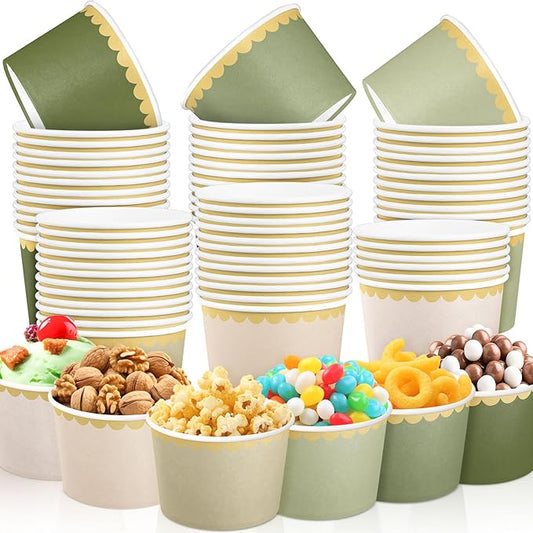 Zopeal 48 Pcs Sage Green Disposable Ice Cream Bowls 9oz Green Gradient Color Paper Snack Cups with Gold Scallop for Parties, Weddings, Baby Showers, Desserts, Yogurt, and Salads