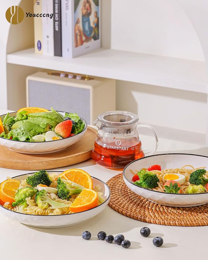 Yeacccng White Pasta Bowls Set of 6, 24oz Ceramic Salad Bowls, 8 inch Shallow - Image 5