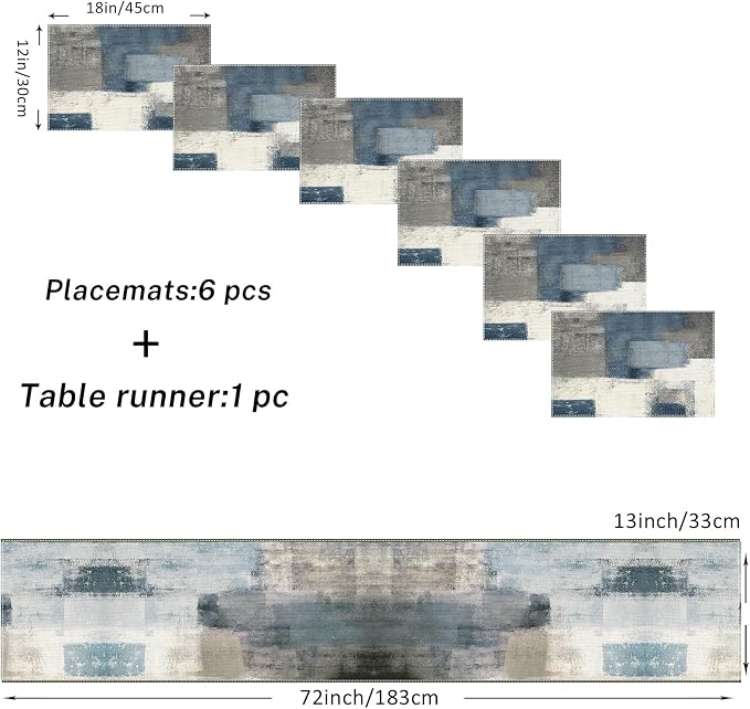 Emvency Table Runner and Placemats Set of 6, Abstract Farmhouse Painting | Blue - Image 2