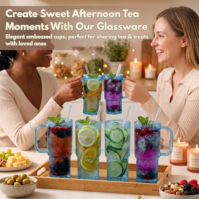 20 oz Blue Glass Tumbler with Lid and Straw, Glass Iced Coffee Cups, - Image 3