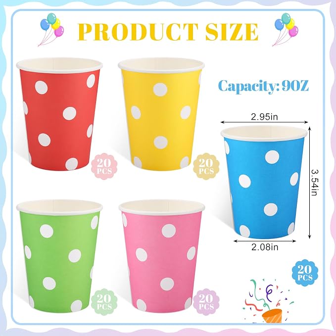 NatNarr 100 Pack Rainbow Polka Dots Paper Cups, 9oz Colored Party Cup | - Image 2