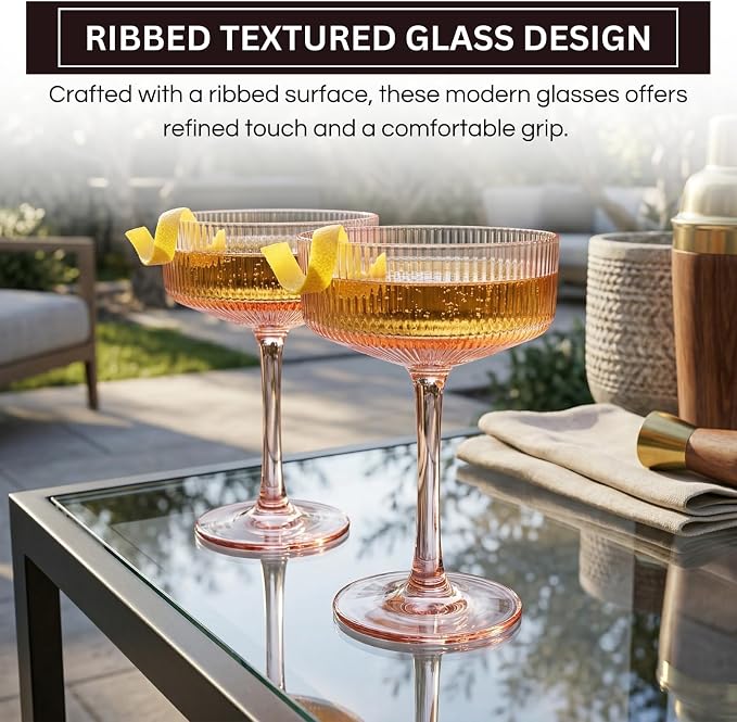Khen Pink Peach Acrylic Ribbed Coupe Martini Champagne Cocktail Glasses - Image 3