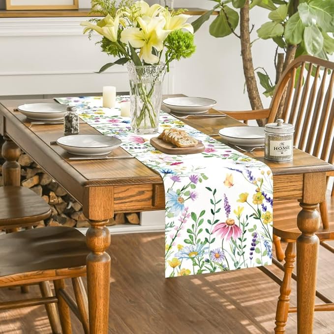 Artoid Mode Daisy Eucalyptus Lavender Floral Leaves Summer Table Runner - Image 4