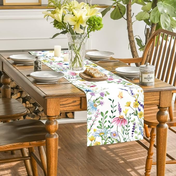Artoid Mode Daisy Eucalyptus Lavender Floral Leaves Summer Table Runner - Image 4