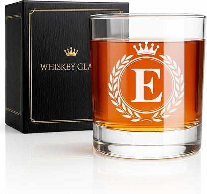 Whiskey Glasses - Rocks Old Fashioned Glass Gifts for Men, Monogrammed A-Z 10oz Personalized Whisky Glasses, Christmas Birthday Gifts for Men Him Dad Father Husband Brother Son (E)