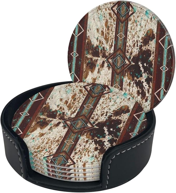 6 Pcs Cowhide Print Western Leather Coasters - Image 2
