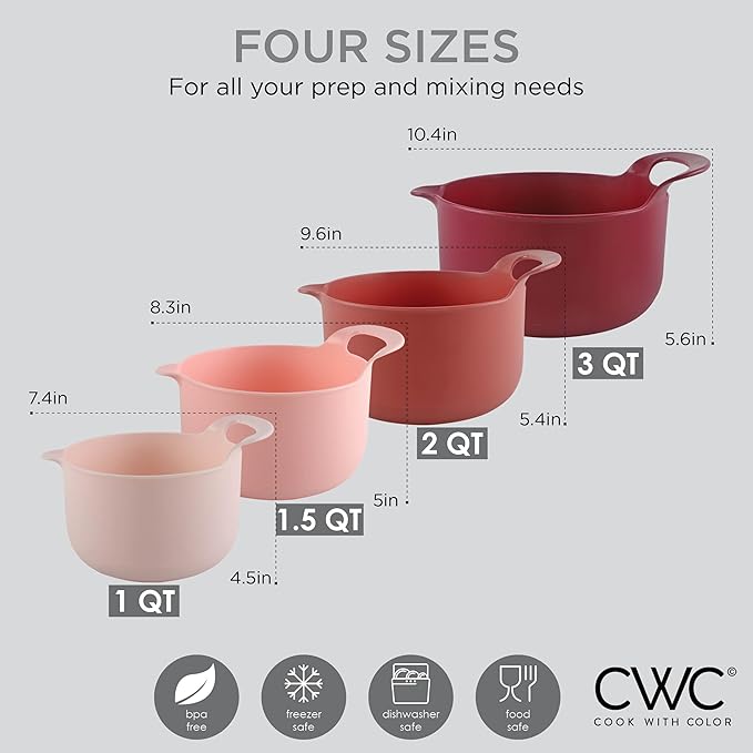 COOK WITH COLOR Nesting Plastic Mixing Bowl Set with Pour Spouts and Handles, Rose, 4 Piece Non-Slip