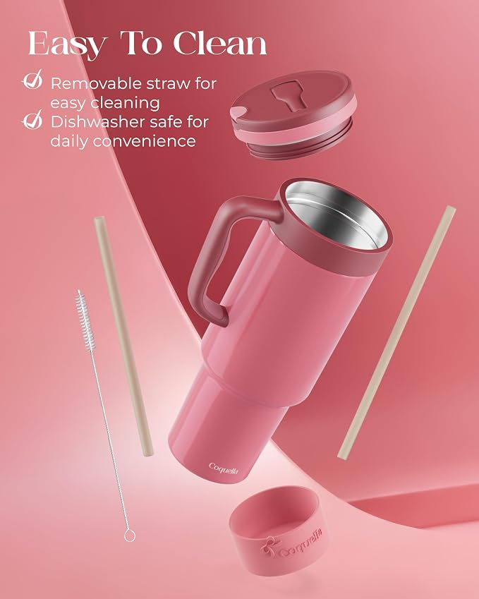 40 oz Insulated Tumbler with Handle and Push-Button Straw Lid, Stainless Steel - Image 6