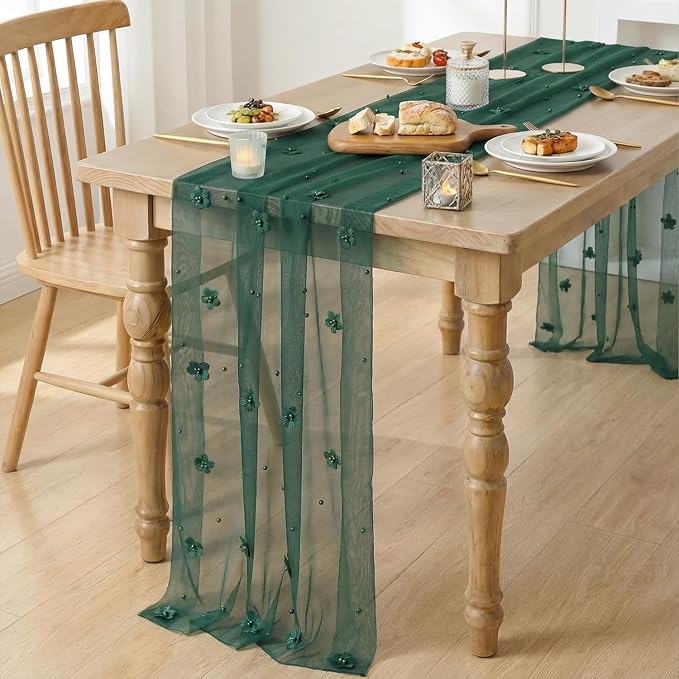 Artoid Mode Green Flower Pearl Green Gauze Table Runner 10FT, Seasonal Sheer - Image 3