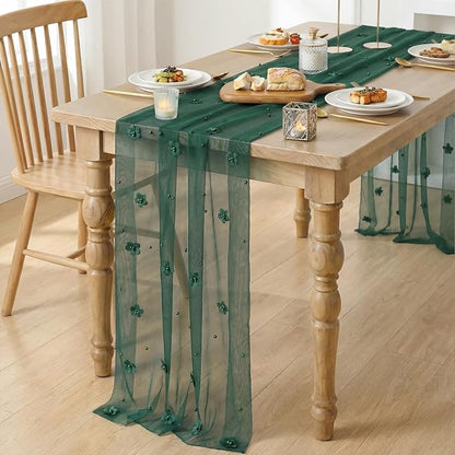 Artoid Mode Green Flower Pearl Green Gauze Table Runner 10FT, Seasonal Sheer - Image 3