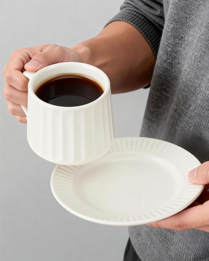 Ceramic Coffee Mug and Saucer Set-11.5 oz White Coffee Cup by bwszrosamatchawhiskset
