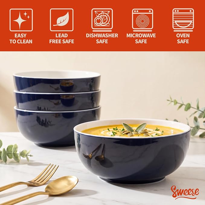 Sweese 24 oz Ceramic Cereal Bowl Set of 4, Round Serving Bowl - Image 3