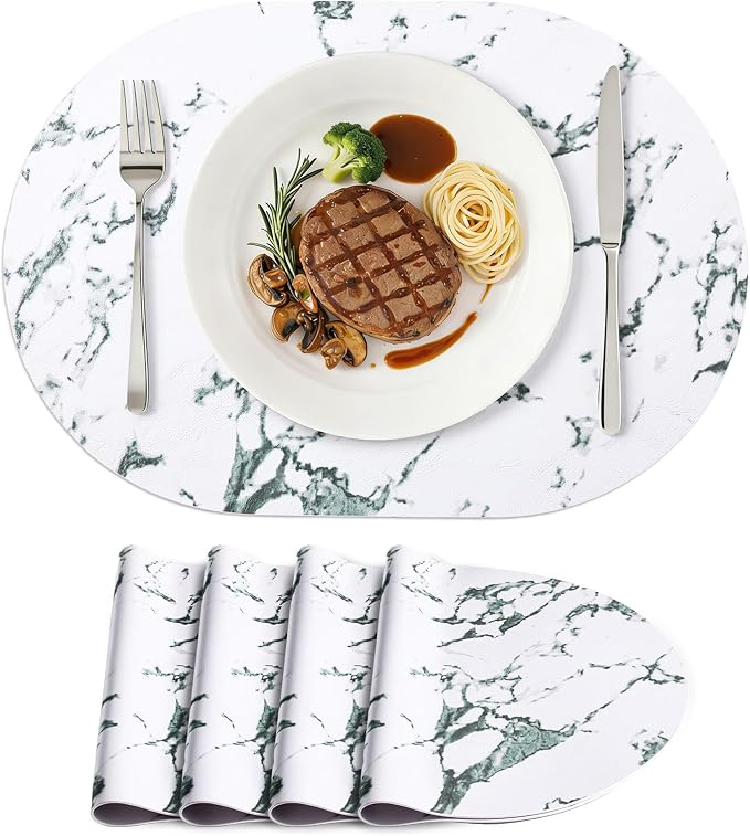 Placemats Set of 4, 11.8 x 17 Inch, Marble | Heat Resistant Oval Faux Leather by homing