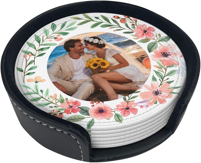 Photo Picture Custom with Flowers Design Print Leather Coasters Set of 6 with - Image 2