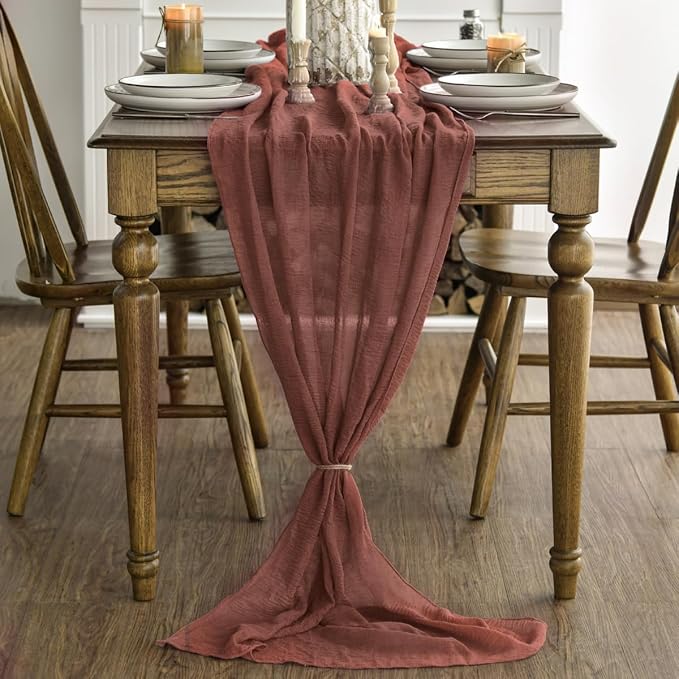 Artoid Mode Boho Cheesecloth Gauze Dusty Rose Wedding Table Runner, 120 Inch - Image 2