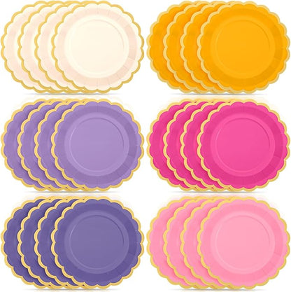 48 Pcs Purple Sun Paper Plates 9 Inch Gradient Scalloped Paper Plates Disposable Dinner Dessert for Birthday Wedding Bridal Party Supplies, 6 Colors