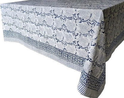 ATOSII ‘Santorini’ 100% Cotton Fall Tablecloth, Handblock Print Blue Rectangle Table Cloth for Kitchen I Dining Table Linen I Parties Wedding Christmas Thanksgiving I Fall Decor 60 X 108 Inches