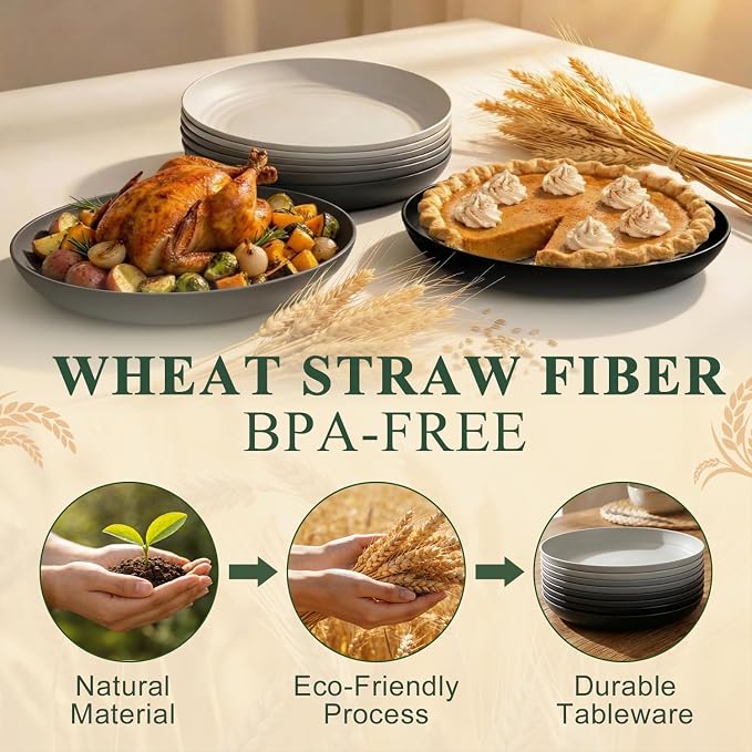 Kitchen Plates Set for 8, Unbreakable Wheat Straw Plates 11 Inch, Alternative - Image 3