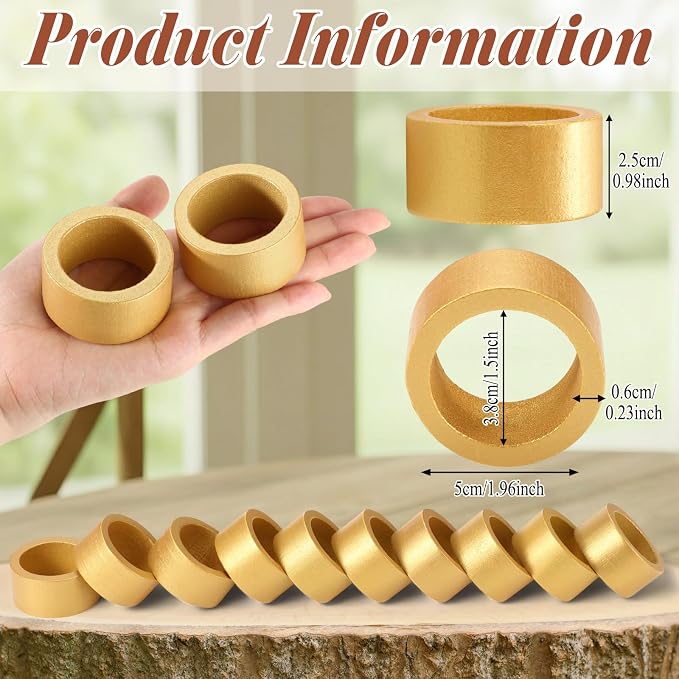 LemonRoad 12 Set Gold Napkin Rings Boho Wedding Wooden Napkin Holders Round - Image 2