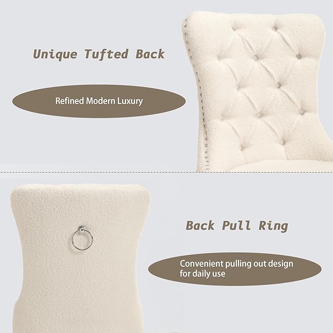 KCC Boucle Dining Chairs Set of 6, Upholstered High-end Tufted Dining Room Chair with Nailhead Back Ring Pull Trim Solid Wood Legs, Contemporary Nikki Collection Modern Style for Kitchen, Cream