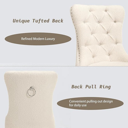 KCC Boucle Dining Chairs Set of 6, Upholstered High-end Tufted Dining Room Chair with Nailhead Back Ring Pull Trim Solid Wood Legs, Contemporary Nikki Collection Modern Style for Kitchen, Cream