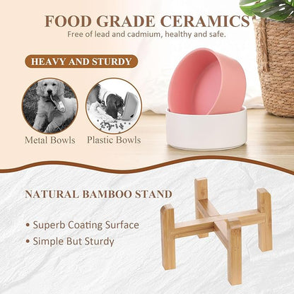 LIONWEI LIONWELI Ceramic Raised Dog Bowls, Medium - Set of 2 - Non Slip Wood Stand - Anti Vomiting - 850 ml - White