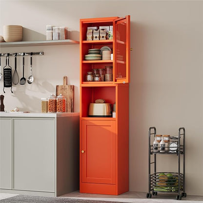 2-Door Metal Storage Cabinet, Tall Slim Pantry Organizer with 3 Adjustable Shelves (120LBS/Shelf), Anti-Tipping Waterproof Cabinet for Bathroom/Kitchen/Home Office/Small Spaces,(1PC,Orange)