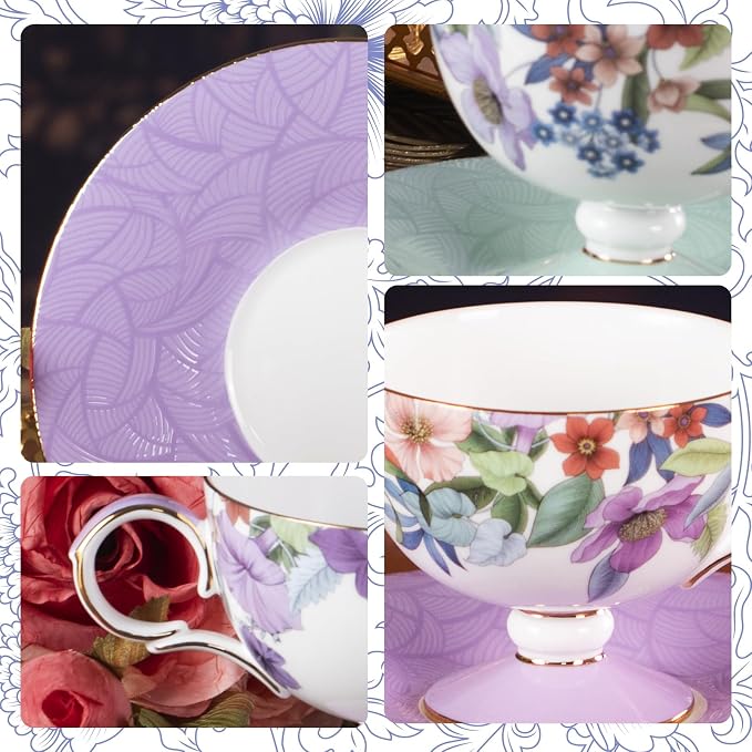 KAMMAK Tea Cups Set of 2, Ceramic Floral Pattern Demitasse Cup | Porcelain - Image 7