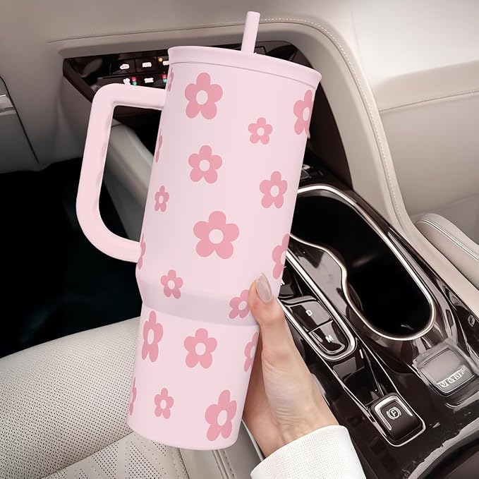 Floral Tumbler with Handle and Straw 40oz Stainless Sleel Slider Tumbler Travel - Image 8