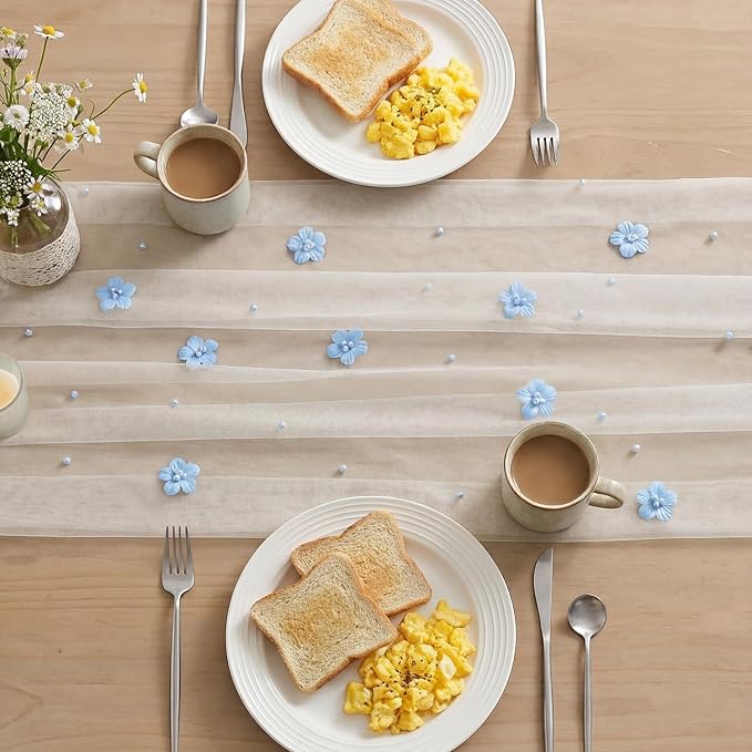Artoid Mode Blue Flower Pearl White Gauze Table Runner 10FT, Seasonal Sheer - Image 4