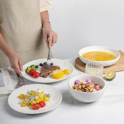 Sureasy Ceramic Plates and Bowls Sets, 24 Pieces Dinnerware Sets for 6, Embossed Scratch Resistant Dinner Set, Dishwasher and Microwave Safe, White