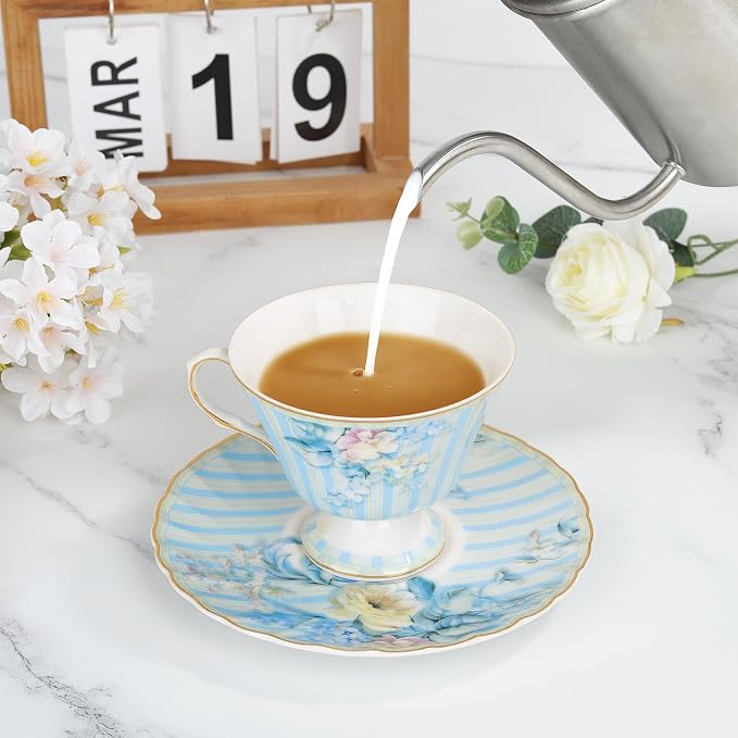 fanquare Vintage Blue Striped Tea Cup and Saucer, Hydrangea Flower Coffee Mug - Image 4