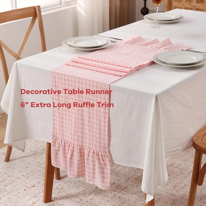 Blush White Plaid Gingham Ruffle Table Runner 120 inches Long 100% Washed - Image 3