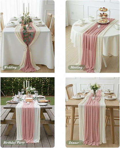 Cheesecloth Table Runner 2 Pack White and Dusty Pink, Boho Gauze Table Runner - Image 4
