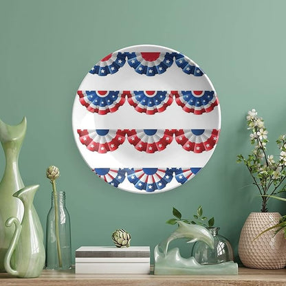 Decorative Plates, American Flag Decor Print Ornament, Flag Round Bunting Election Ornament Pattern, 6 Inch, Kitchen Wall Decor, Blue Red