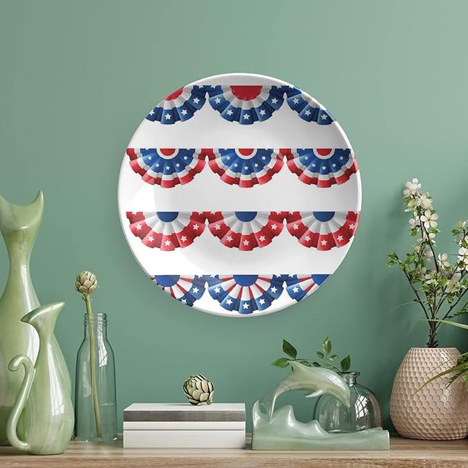 Ceramic Display Plate, American Flag Decor Ceramic Hanging Decorative Plate, Flag Round Bunting Election Ornament Pattern, 8 Inch, Household Custom Ceramic Plate, Blue Red