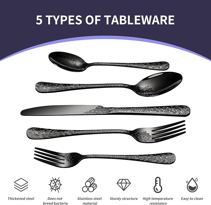 40 Pcs Black Silverware Set for 8, Food Grade Stainless Steel Flatware Set - Image 4