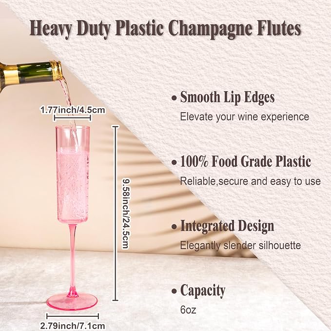 Ciaell 24 Pack Pink Plastic Champagne Flutes - Image 2