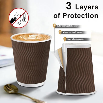 120 Pack 10 oz Coffee Cups, Disposable Corrugated Insulated Ripple Wall Paper Coffee Cups 12oz for Hot or Cold Drinks Office Home Cafe Party Travel (Brown)