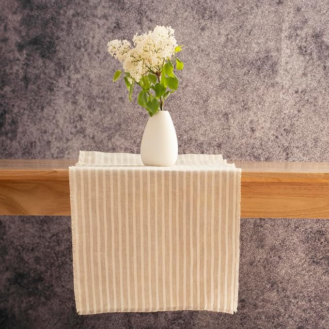 Stripe Linen Table Runner with Fringe- 14x108 Inch, 100% Pure Linen Natural and by LinksloveHome